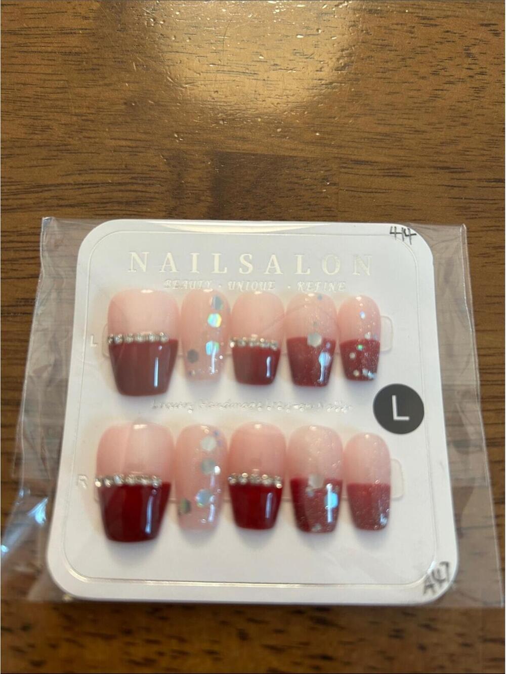 Handmade Red Press-On Nails with Rhinestone Accents, Set of 10